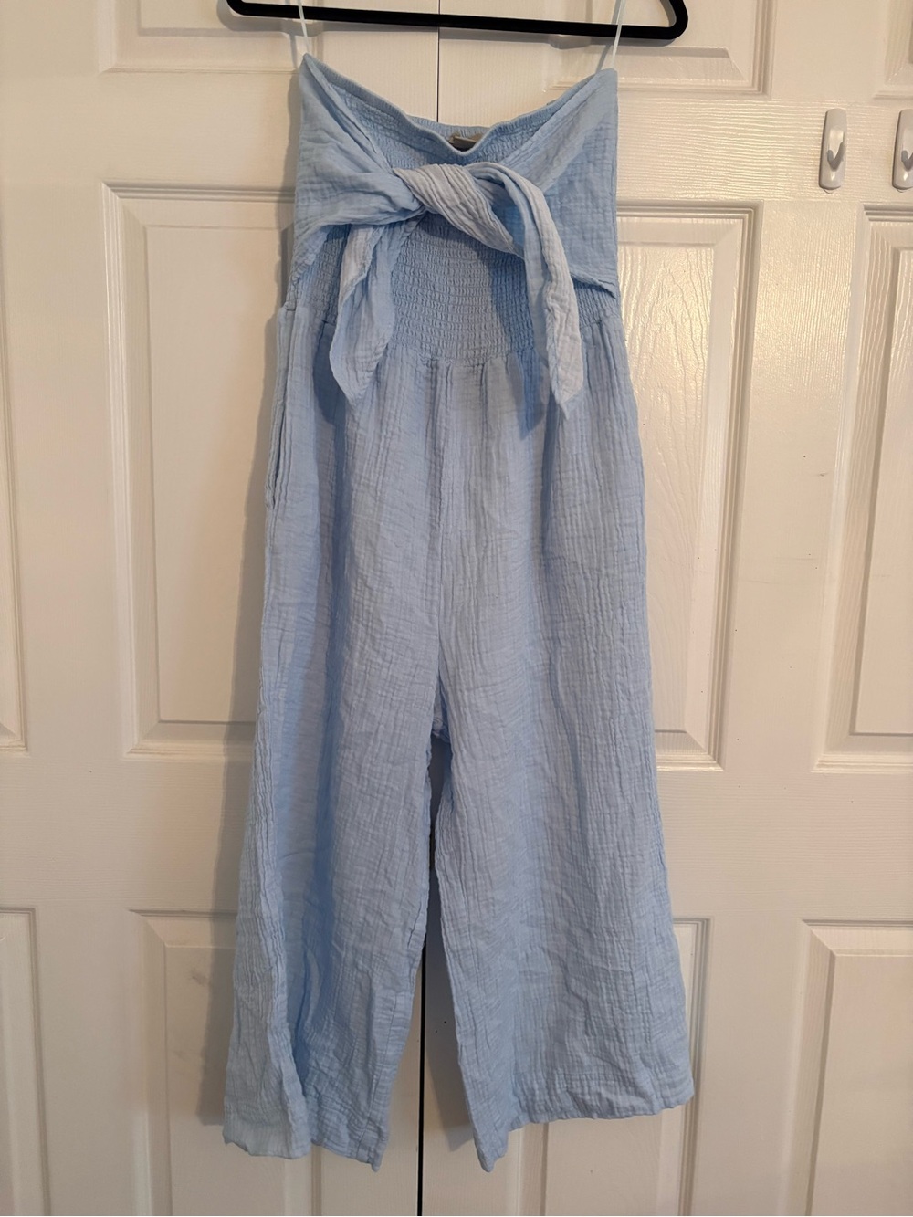 Charlie Paige Pale Blue Strapless Wide-Leg Jumpsuit with Front Tie
